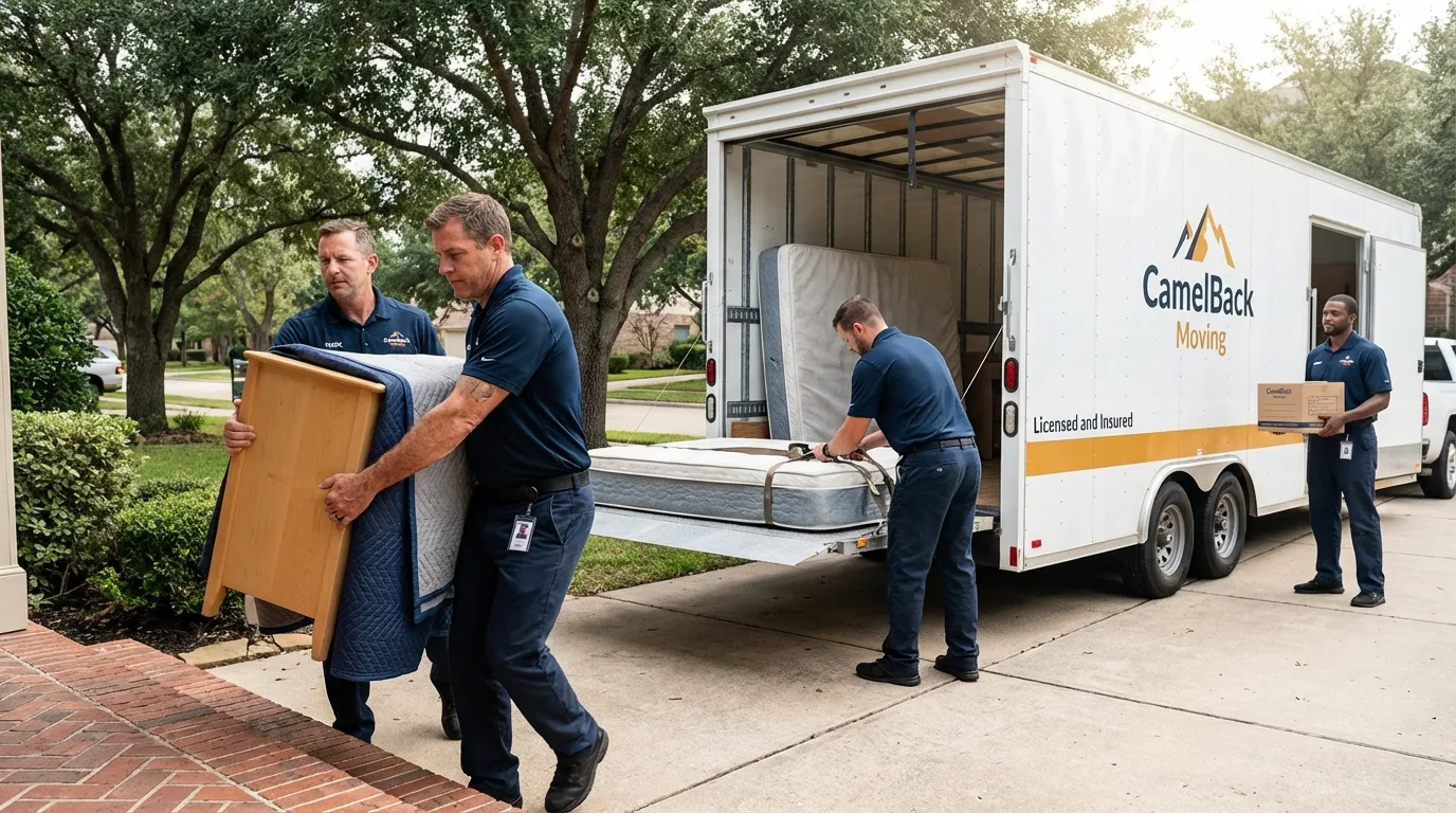 Crew loading residential truck for cross-state move from Jasper, IN