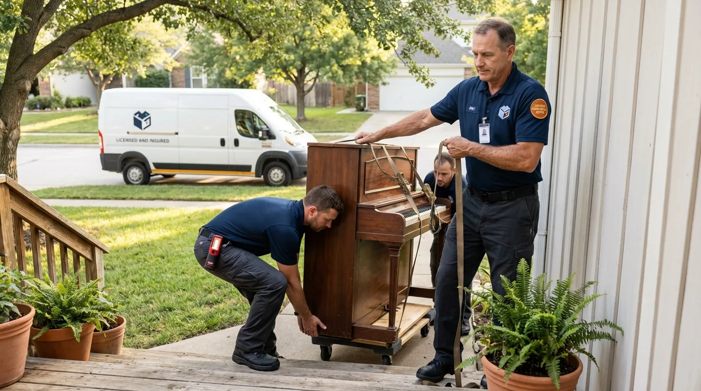 Licensed piano movers securing grand piano in Jasper, IN