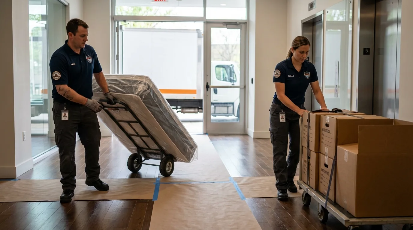 Professional apartment movers loading elevator in Jasper, IN
